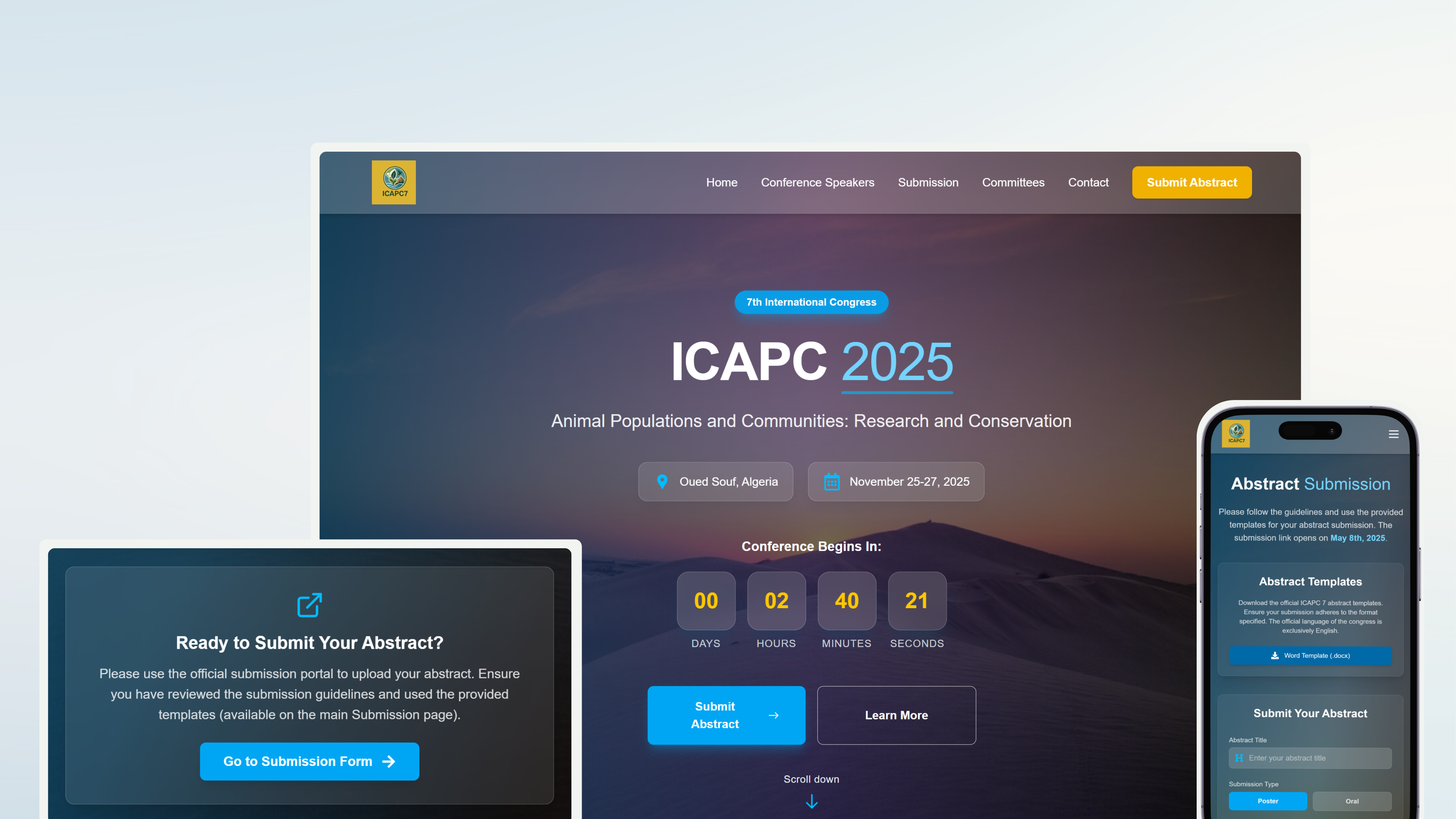 Responsive scientific event website design across mobile, tablet, and desktop devices